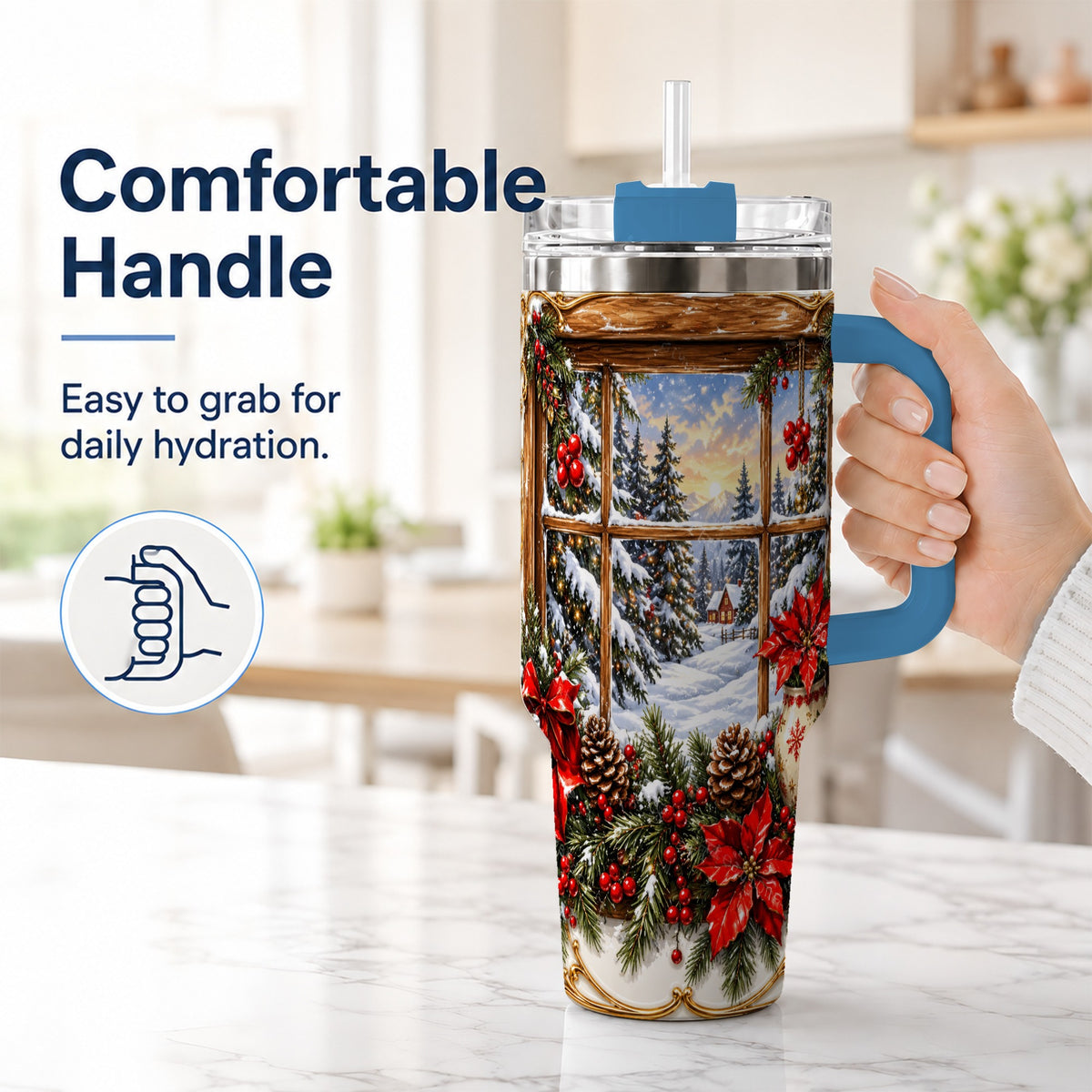 #pl[40oz|Blue] Snowy Cabin 40oz Tumbler with Handle, Christmas Stainless Steel Travel Cup