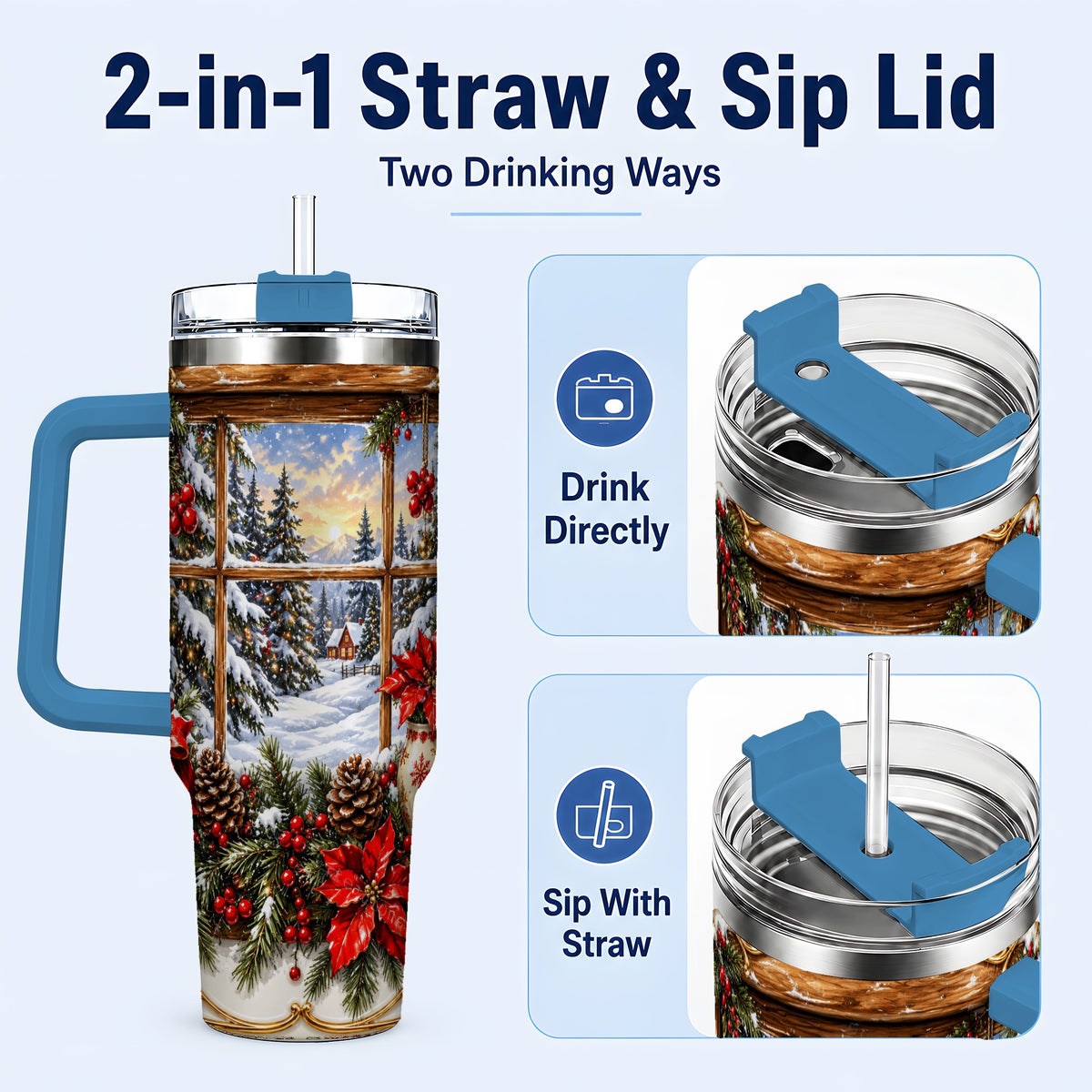 #pl[40oz|Blue] Snowy Cabin 40oz Tumbler with Handle, Christmas Stainless Steel Travel Cup