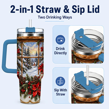 #pl[40oz|Blue] Snowy Cabin 40oz Tumbler with Handle, Christmas Stainless Steel Travel Cup