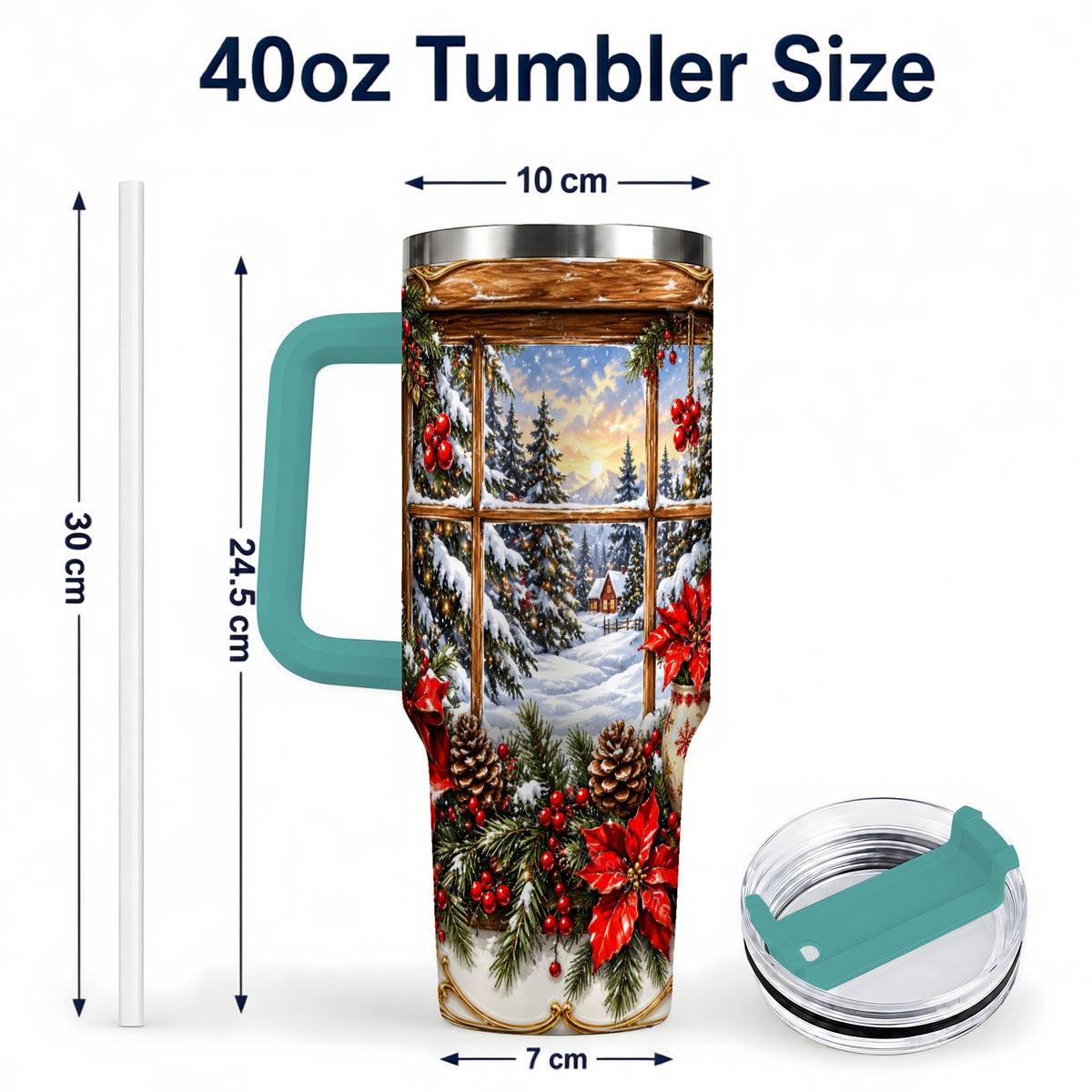 #pl[40oz|Green] Snowy Cabin 40oz Tumbler with Handle, Christmas Stainless Steel Travel Cup