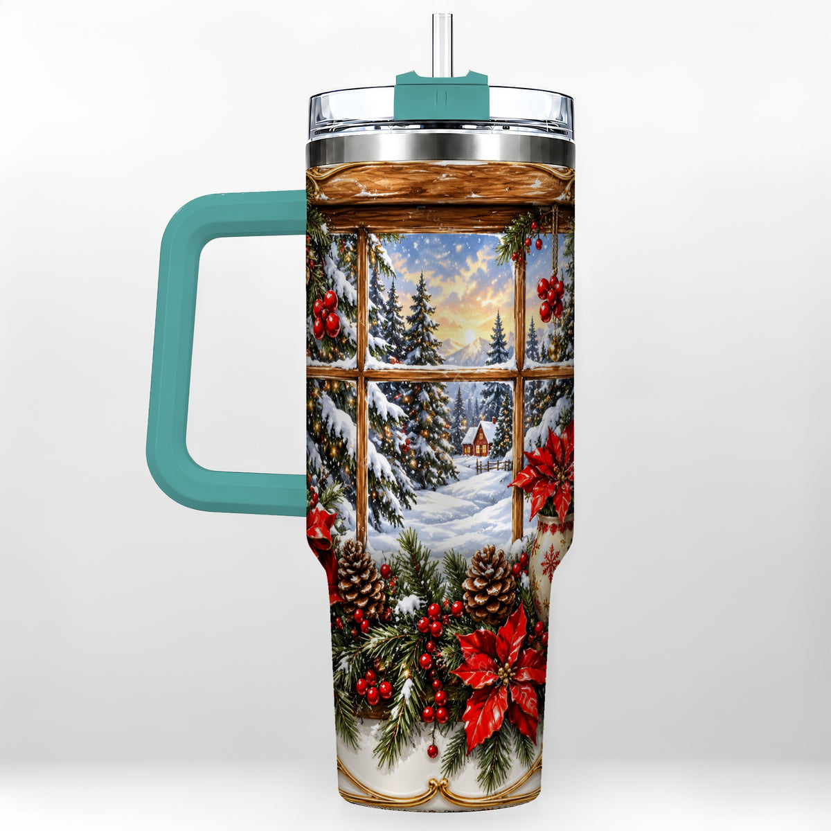 #pl[40oz|Green] Snowy Cabin 40oz Tumbler with Handle, Christmas Stainless Steel Travel Cup