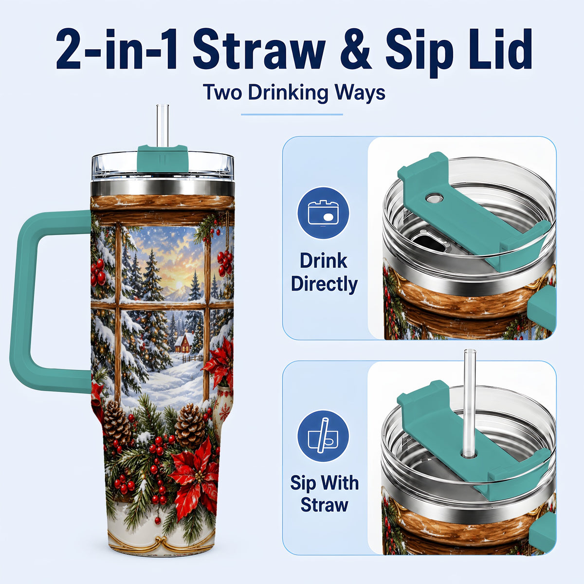 #pl[40oz|Green] Snowy Cabin 40oz Tumbler with Handle, Christmas Stainless Steel Travel Cup