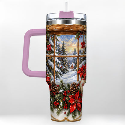#pl[40oz|Pink] Snowy Cabin 40oz Tumbler with Handle, Christmas Stainless Steel Travel Cup