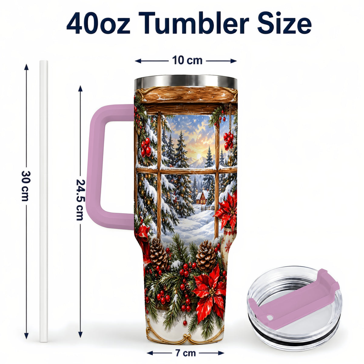 #pl[40oz|Pink] Snowy Cabin 40oz Tumbler with Handle, Christmas Stainless Steel Travel Cup