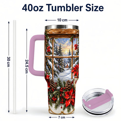 #pl[40oz|Pink] Snowy Cabin 40oz Tumbler with Handle, Christmas Stainless Steel Travel Cup