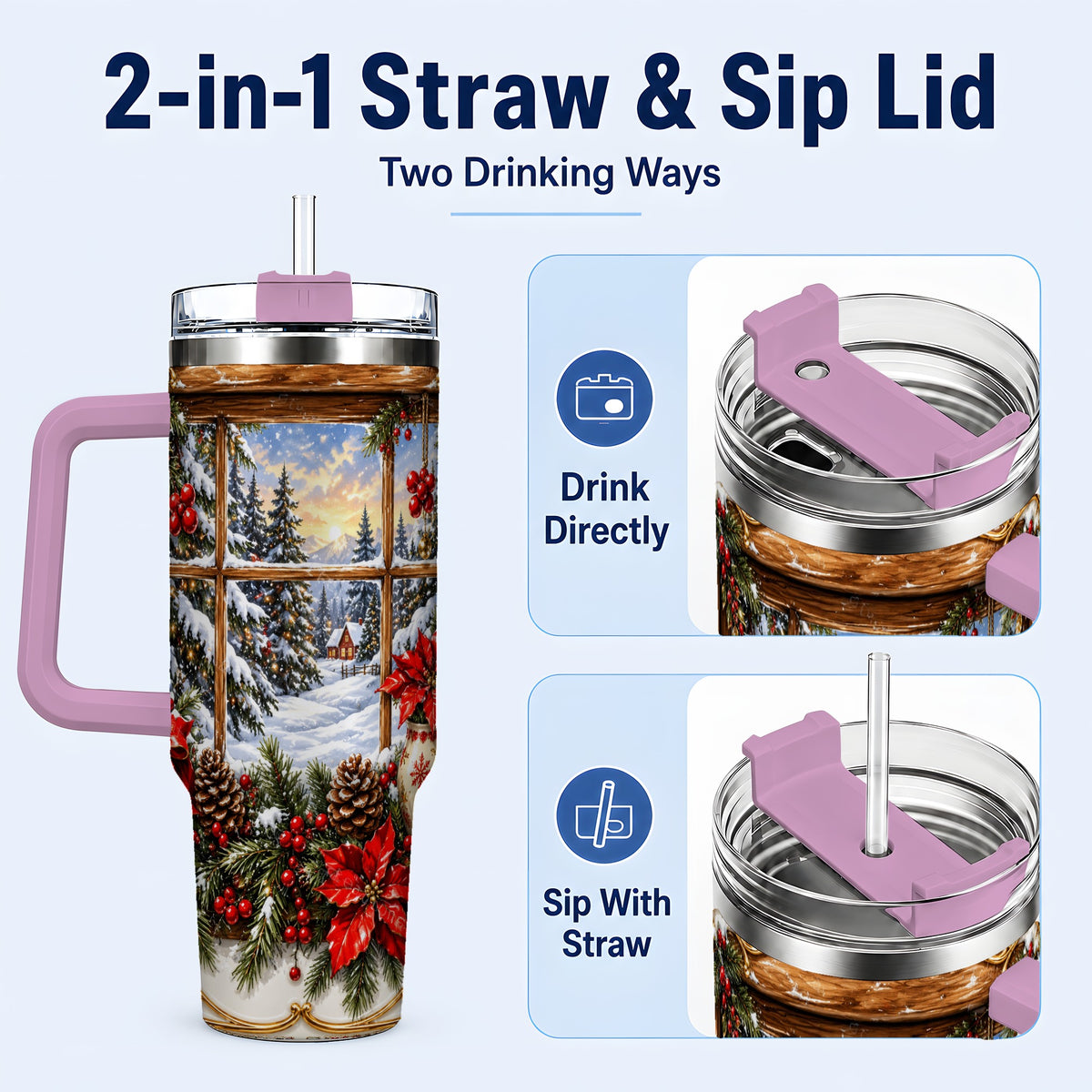 #pl[40oz|Pink] Snowy Cabin 40oz Tumbler with Handle, Christmas Stainless Steel Travel Cup