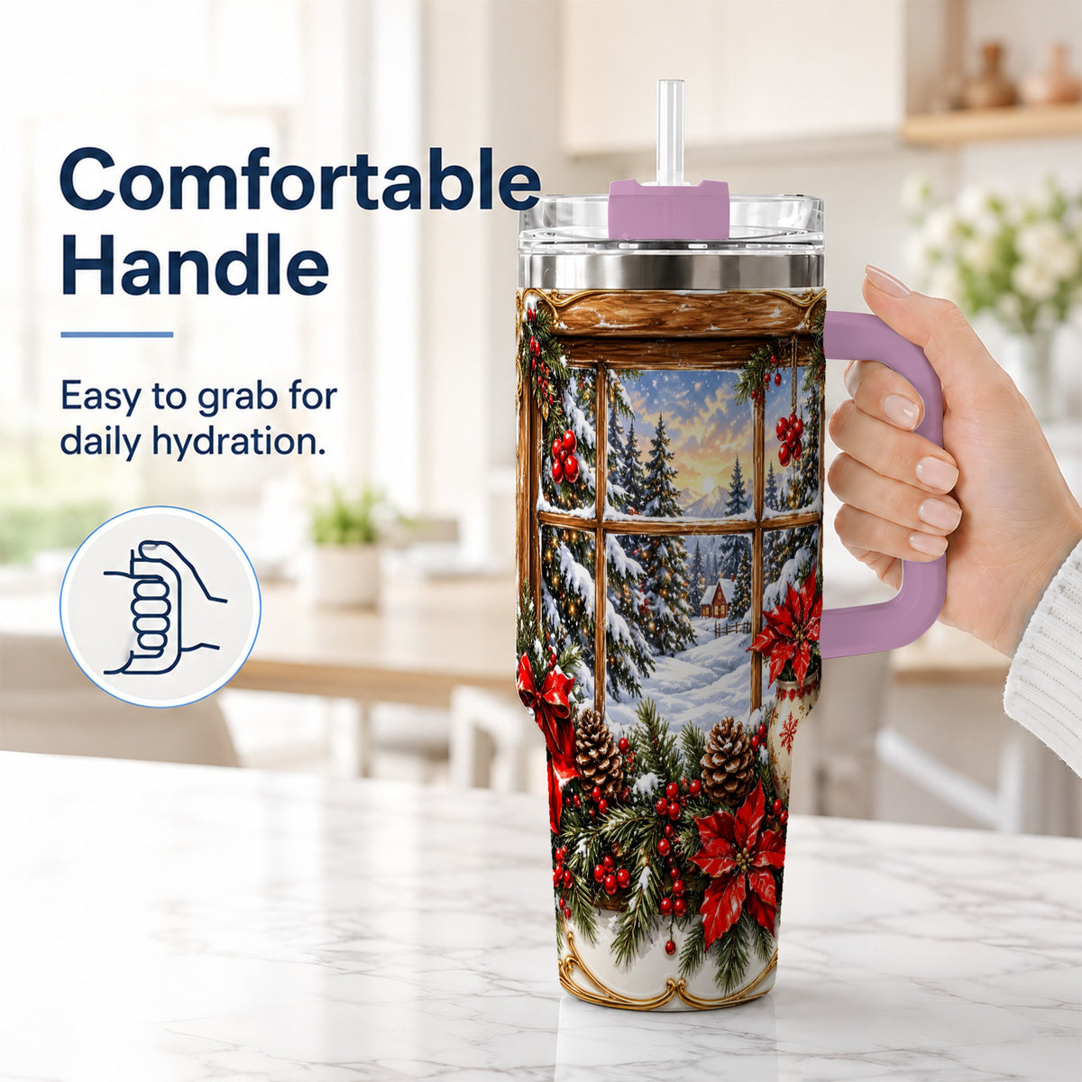 #pl[40oz|Pink] Snowy Cabin 40oz Tumbler with Handle, Christmas Stainless Steel Travel Cup