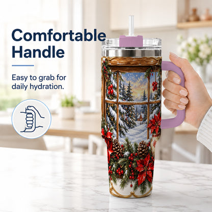 #pl[40oz|Pink] Snowy Cabin 40oz Tumbler with Handle, Christmas Stainless Steel Travel Cup