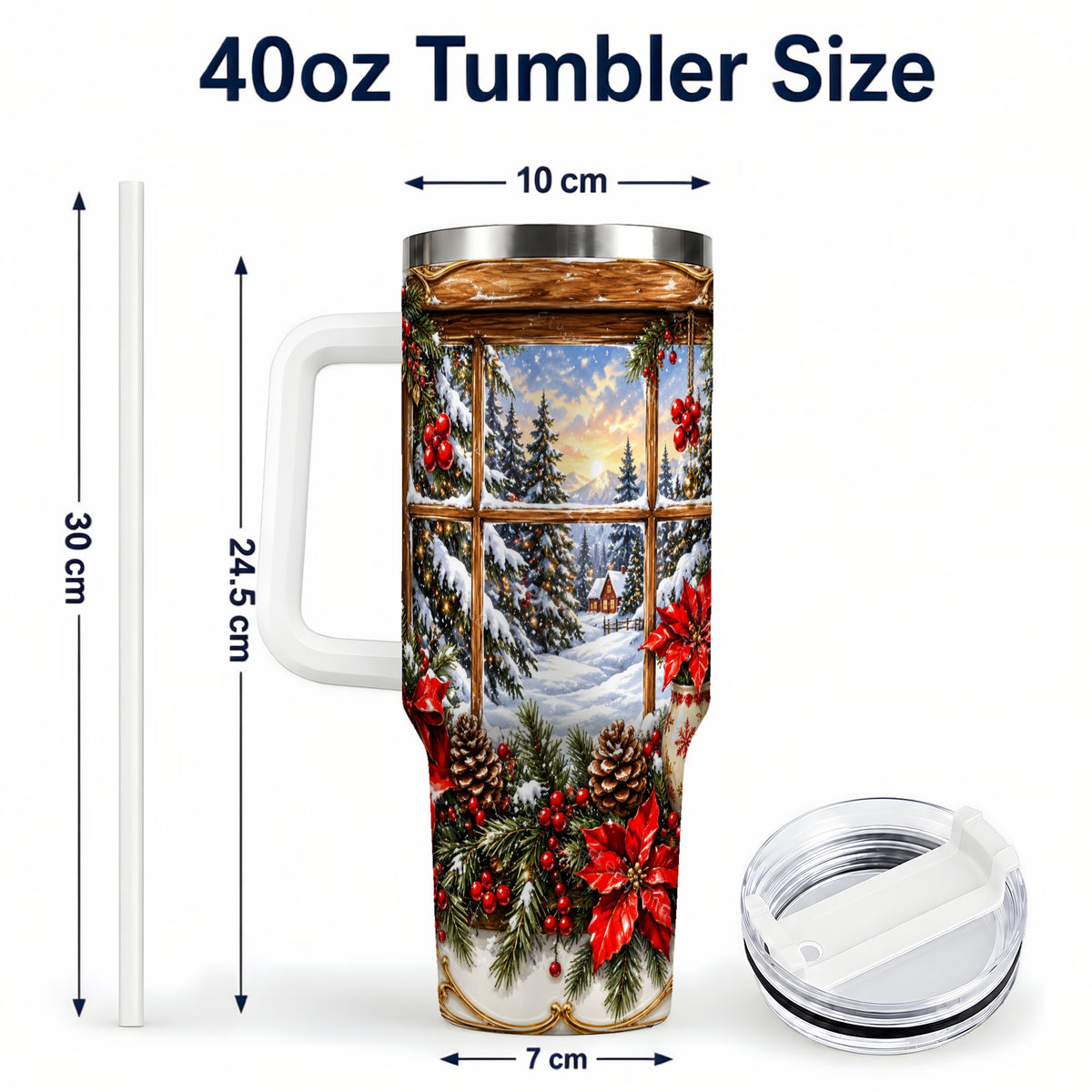 #pl[40oz|White] Snowy Cabin 40oz Tumbler with Handle, Christmas Stainless Steel Travel Cup