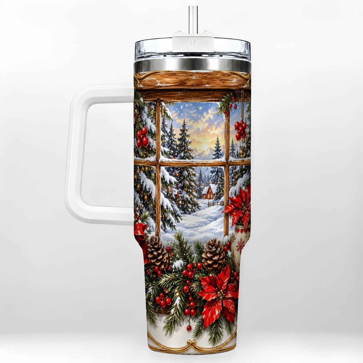 Snowy Cabin 40oz Tumbler with Handle, Christmas Stainless Steel Travel Cup