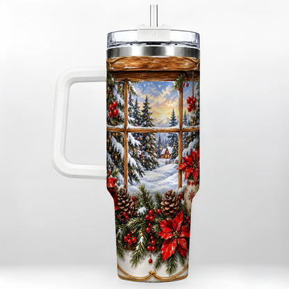 Snowy Cabin 40oz Tumbler with Handle, Christmas Stainless Steel Travel Cup