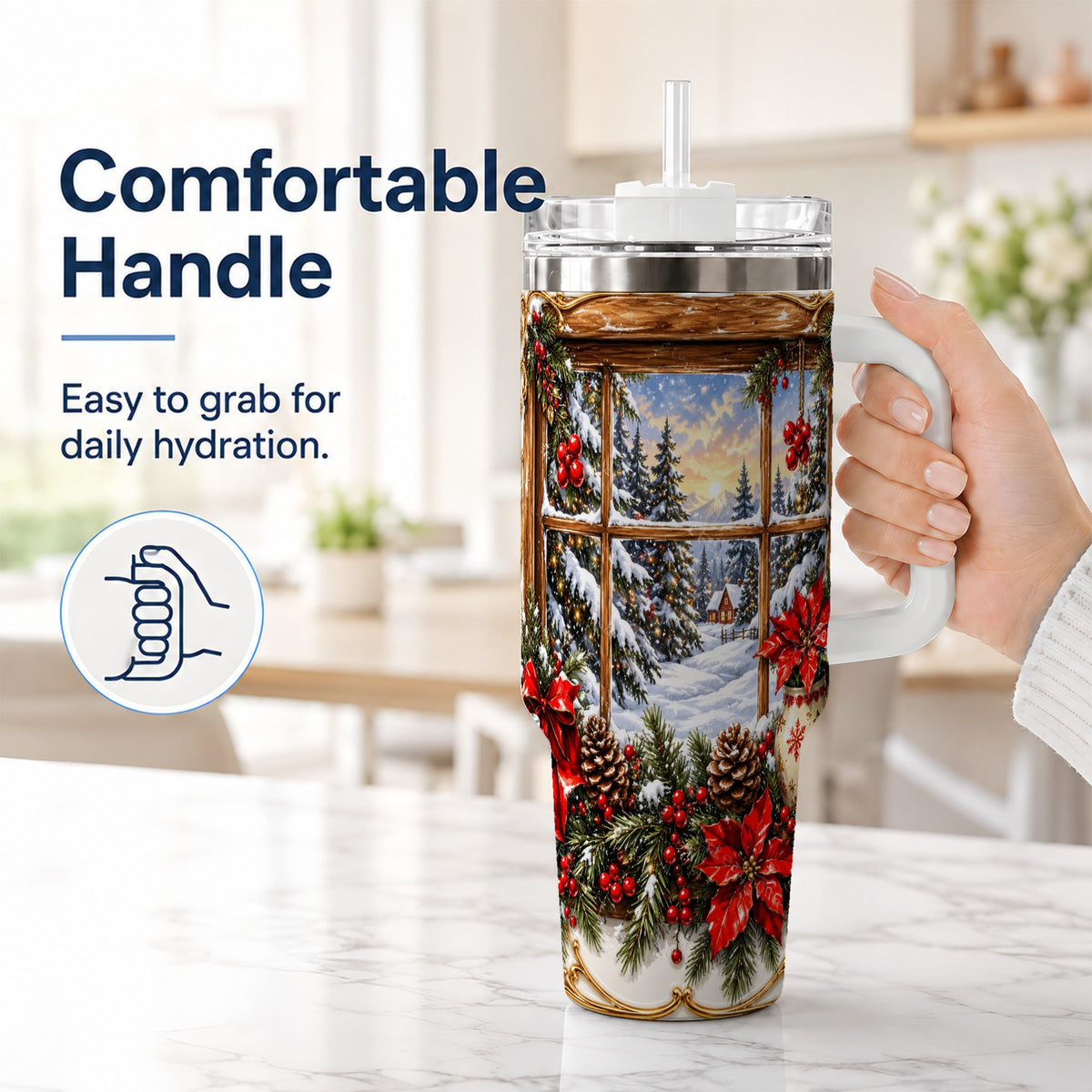 #pl[40oz|White] Snowy Cabin 40oz Tumbler with Handle, Christmas Stainless Steel Travel Cup