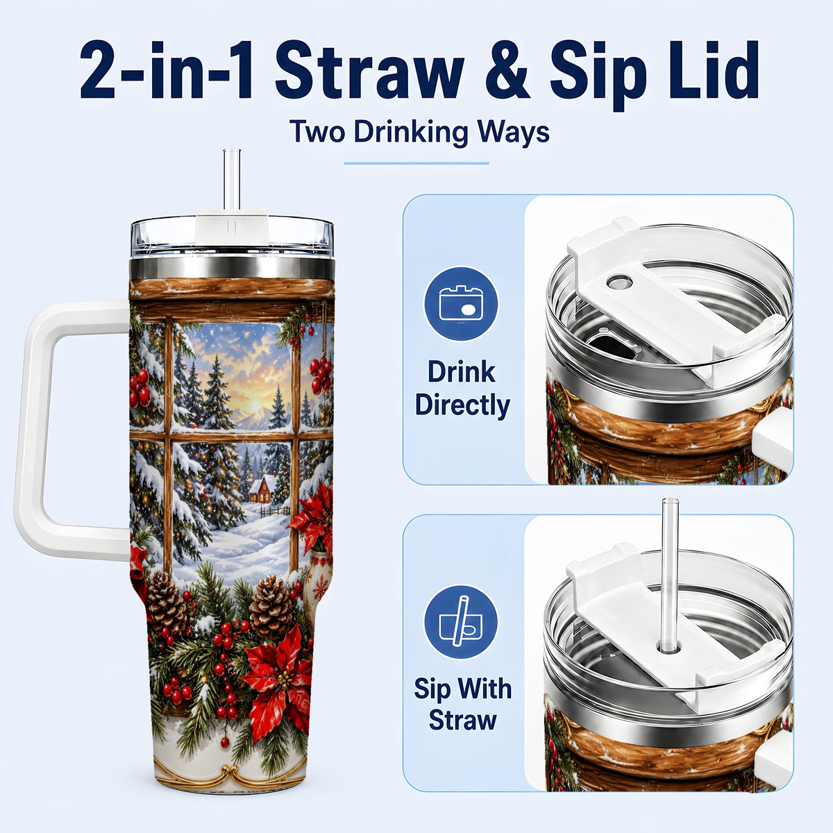 #pl[40oz|White] Snowy Cabin 40oz Tumbler with Handle, Christmas Stainless Steel Travel Cup