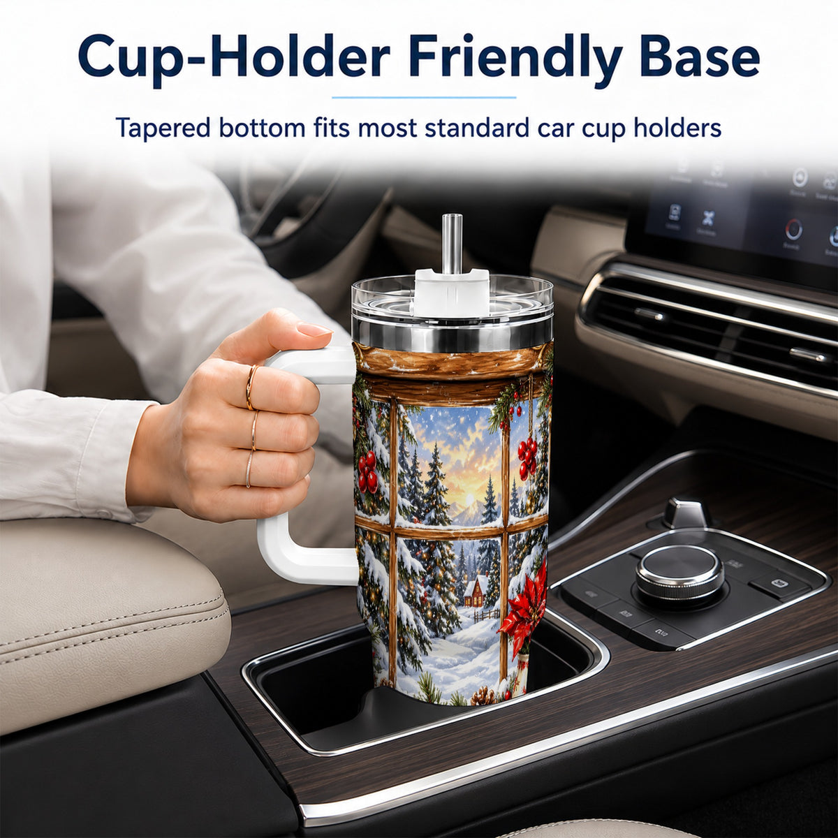 Snowy Cabin 40oz Tumbler with Handle, Christmas Stainless Steel Travel Cup