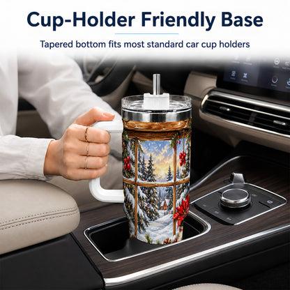 Snowy Cabin 40oz Tumbler with Handle, Christmas Stainless Steel Travel Cup