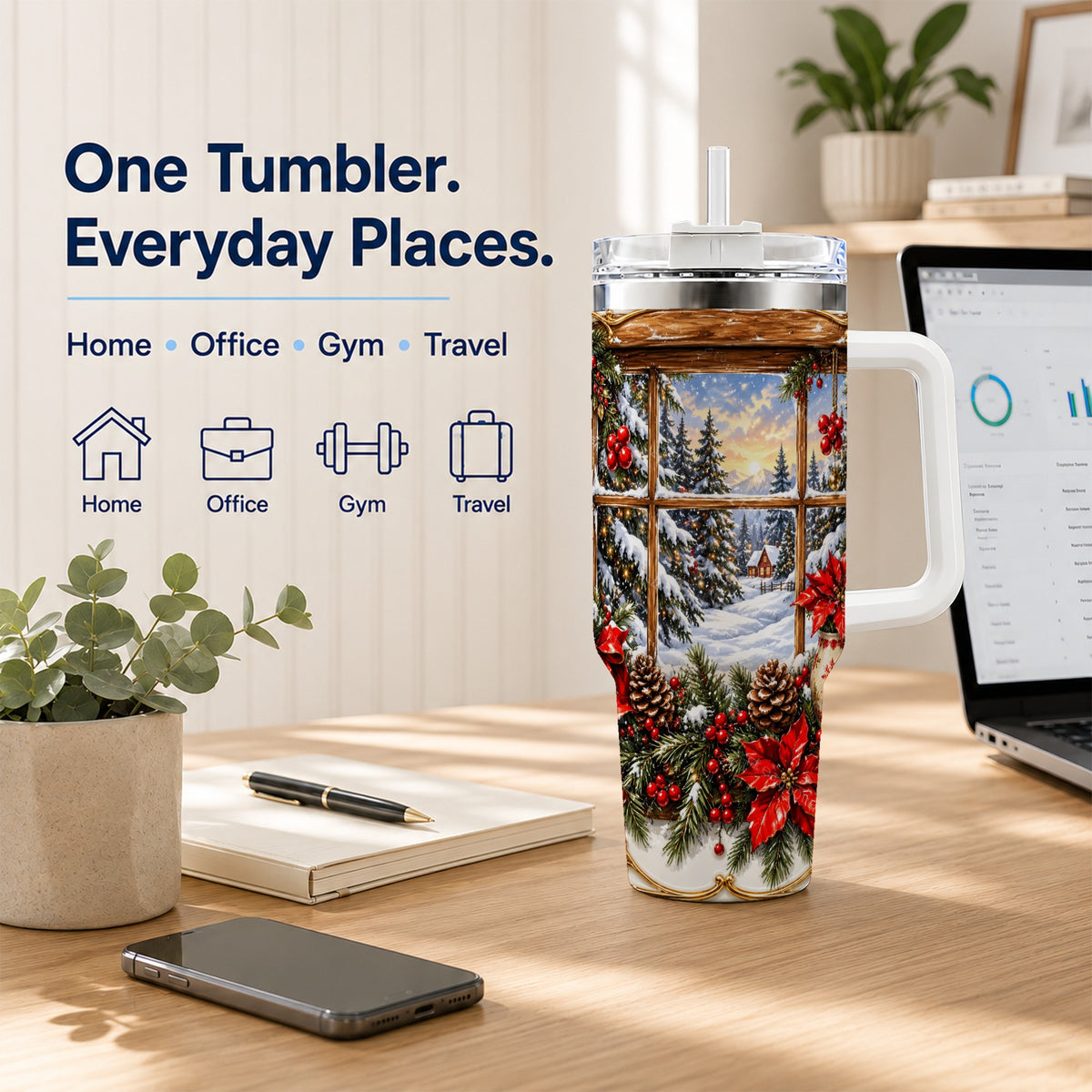 Snowy Cabin 40oz Tumbler with Handle, Christmas Stainless Steel Travel Cup