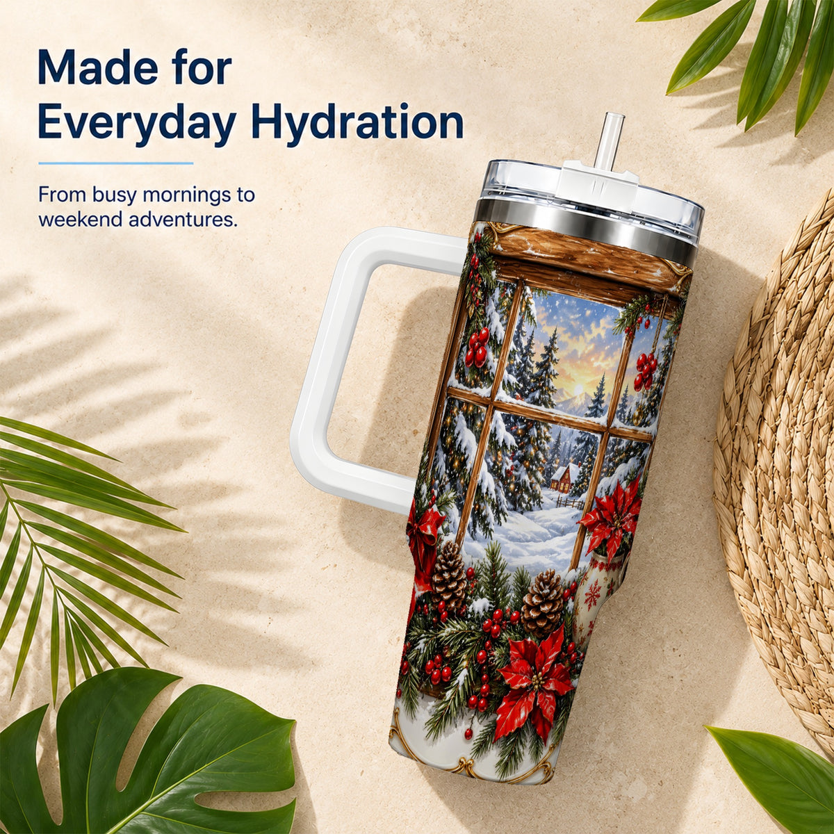 Snowy Cabin 40oz Tumbler with Handle, Christmas Stainless Steel Travel Cup