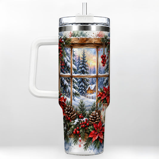 Winter Cottage 40oz Tumbler with Handle, Watercolor Stainless Steel Cup