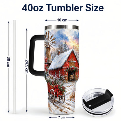 #pl[40oz|Black] Red Barn 40oz Tumbler with Handle, Winter Farm Stainless Steel Travel Cup