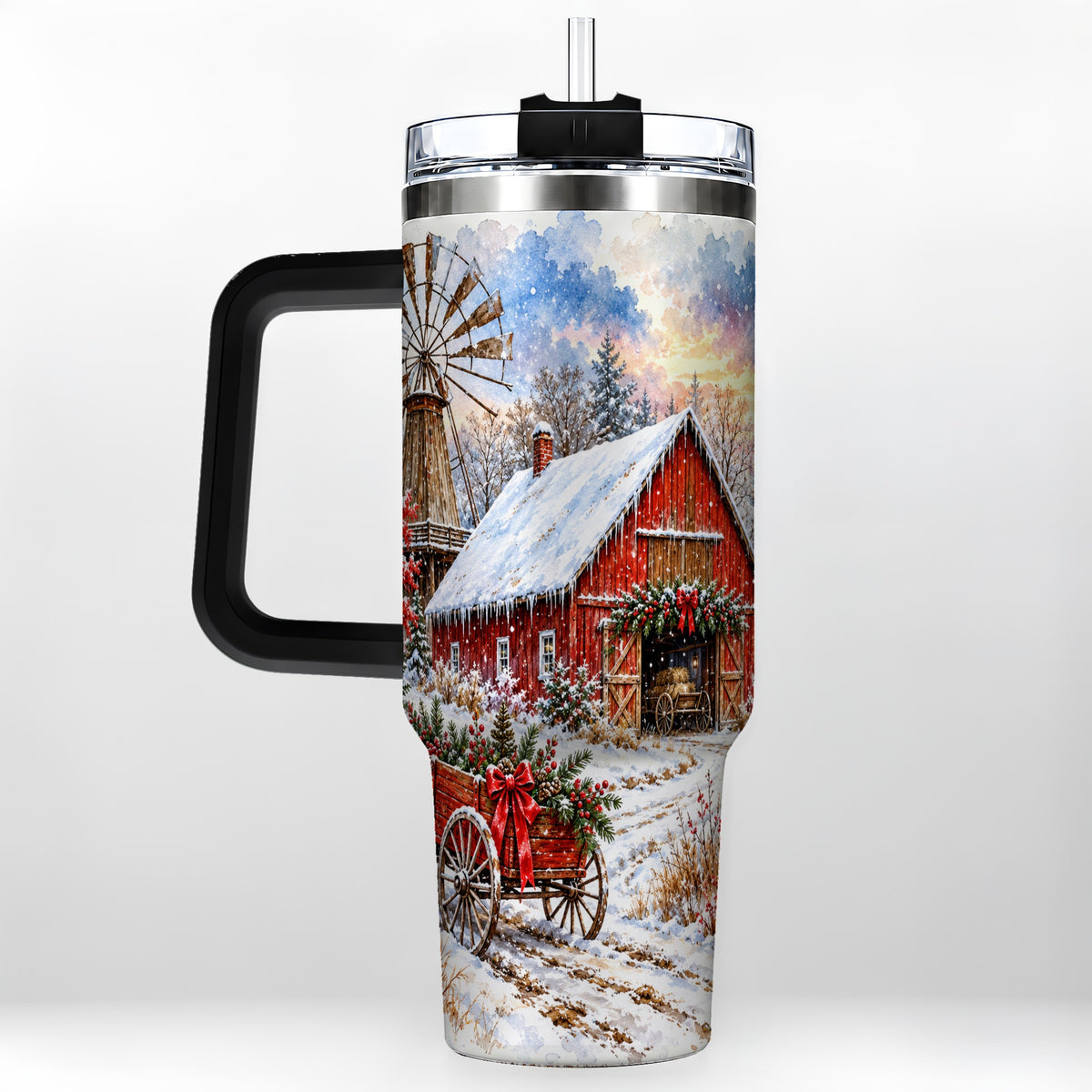 #pl[40oz|Black] Red Barn 40oz Tumbler with Handle, Winter Farm Stainless Steel Travel Cup