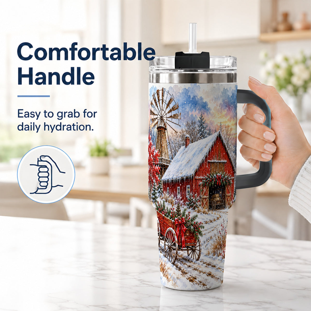 #pl[40oz|Black] Red Barn 40oz Tumbler with Handle, Winter Farm Stainless Steel Travel Cup