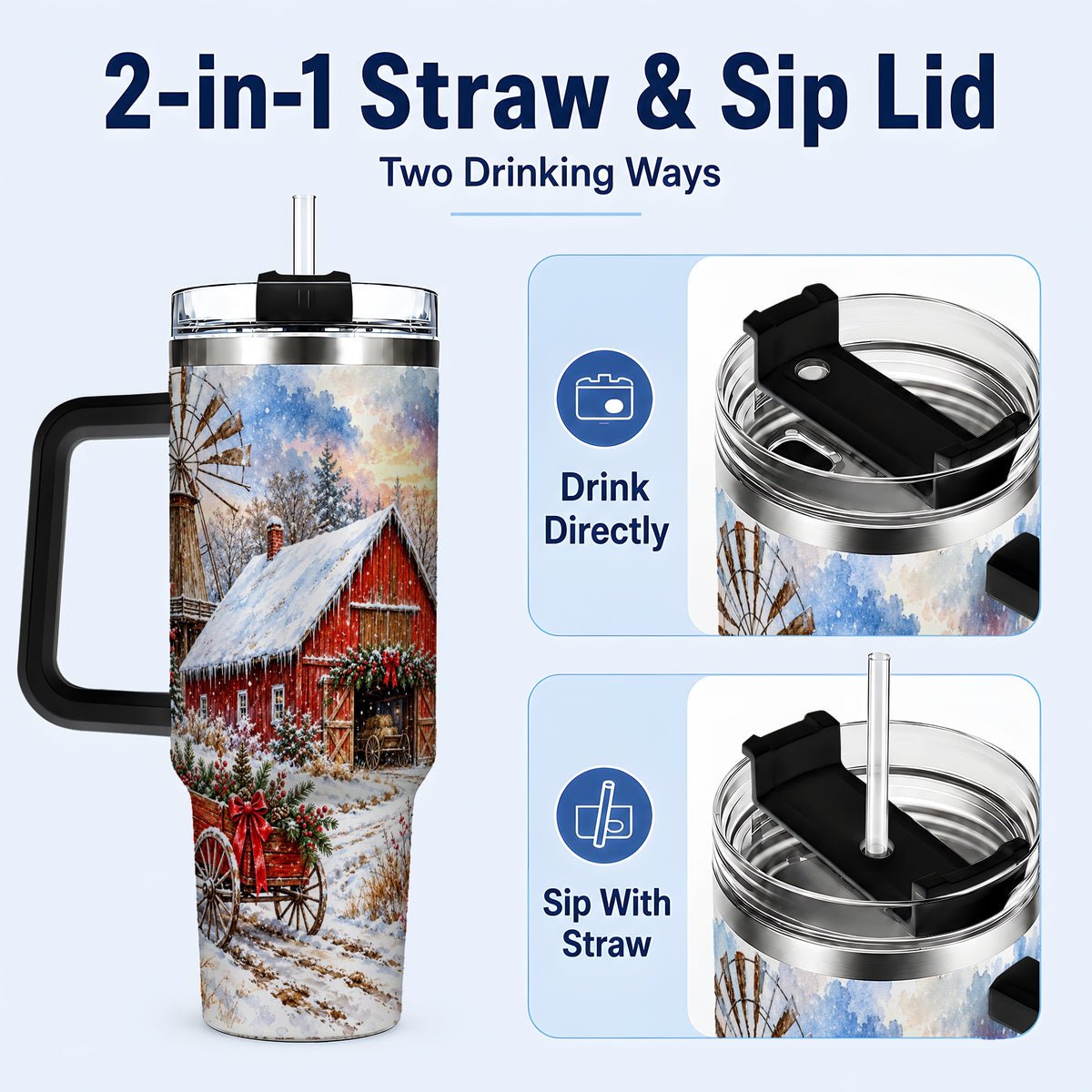 #pl[40oz|Black] Red Barn 40oz Tumbler with Handle, Winter Farm Stainless Steel Travel Cup