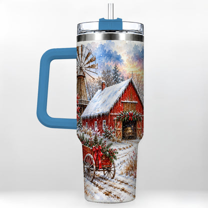 #pl[40oz|Blue] Red Barn 40oz Tumbler with Handle, Winter Farm Stainless Steel Travel Cup