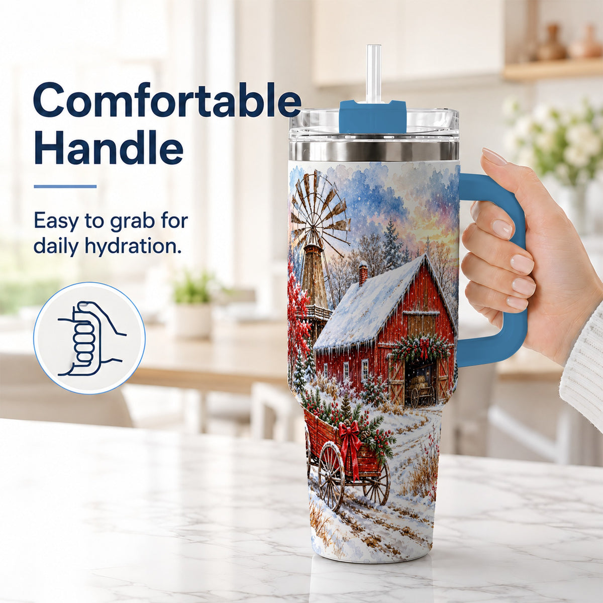 #pl[40oz|Blue] Red Barn 40oz Tumbler with Handle, Winter Farm Stainless Steel Travel Cup