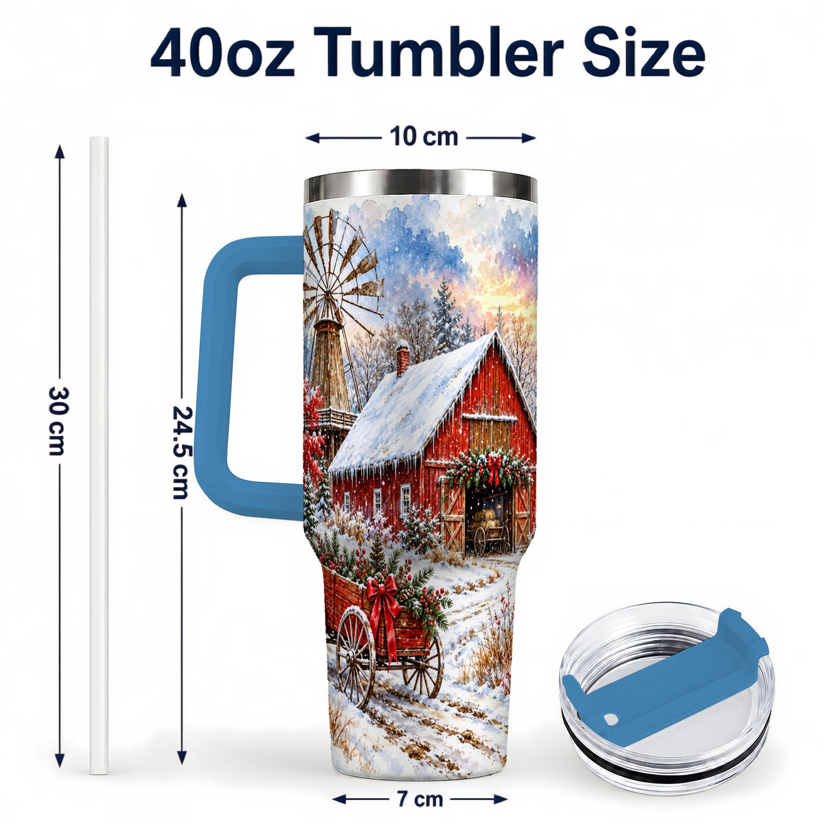 #pl[40oz|Blue] Red Barn 40oz Tumbler with Handle, Winter Farm Stainless Steel Travel Cup