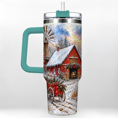 #pl[40oz|Green] Red Barn 40oz Tumbler with Handle, Winter Farm Stainless Steel Travel Cup