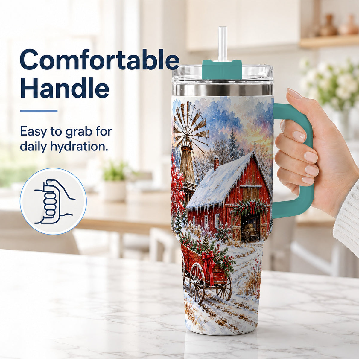 #pl[40oz|Green] Red Barn 40oz Tumbler with Handle, Winter Farm Stainless Steel Travel Cup