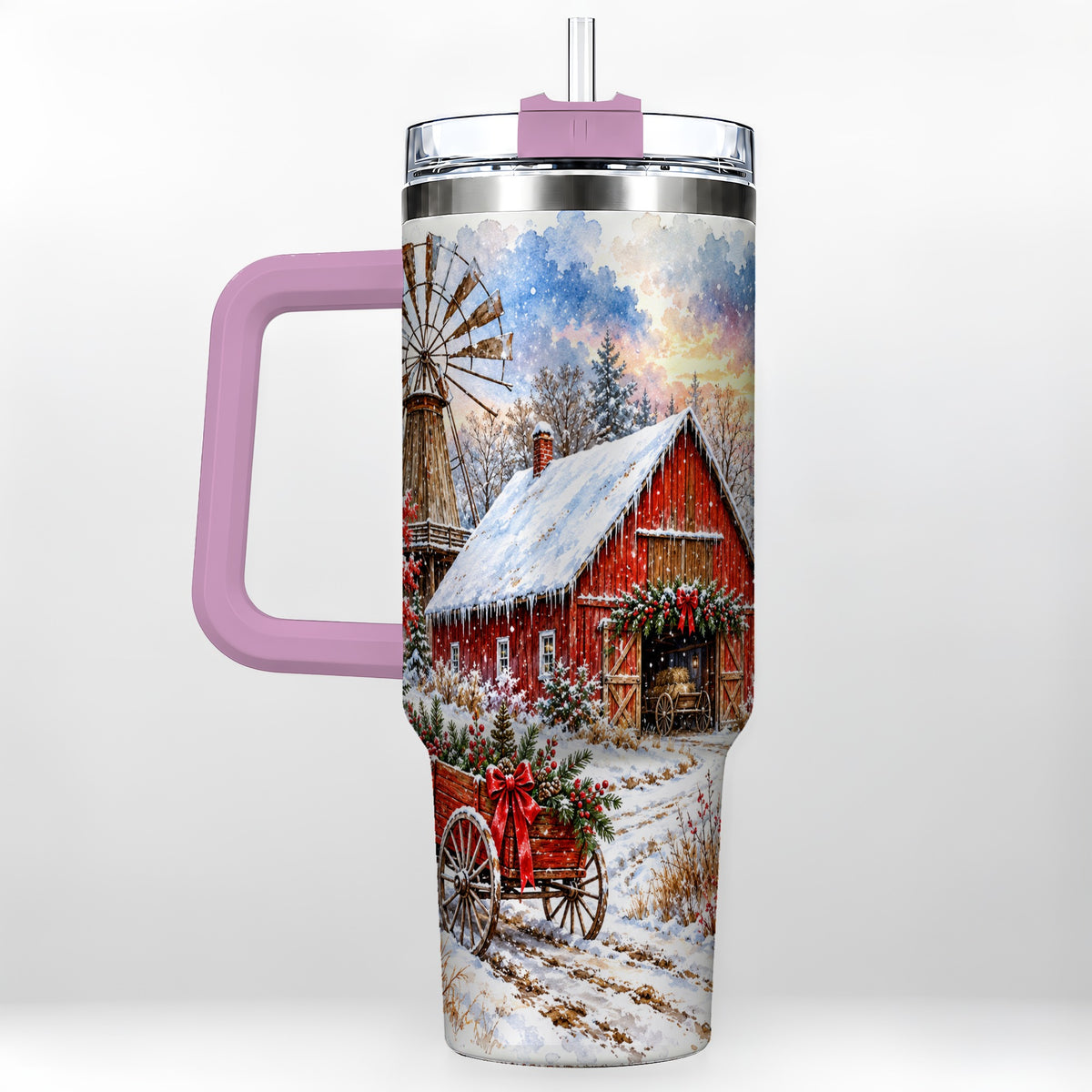 #pl[40oz|Pink] Red Barn 40oz Tumbler with Handle, Winter Farm Stainless Steel Travel Cup