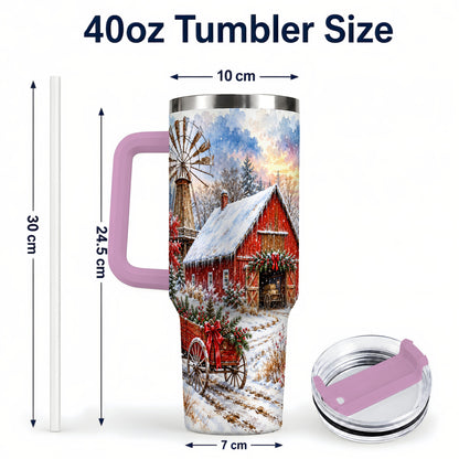 #pl[40oz|Pink] Red Barn 40oz Tumbler with Handle, Winter Farm Stainless Steel Travel Cup