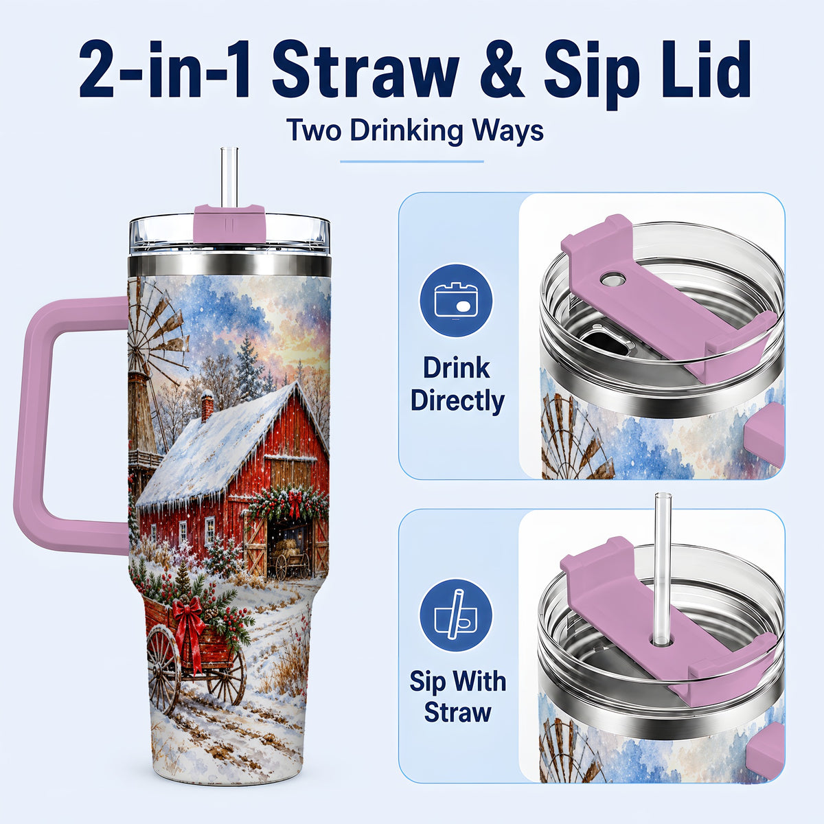 #pl[40oz|Pink] Red Barn 40oz Tumbler with Handle, Winter Farm Stainless Steel Travel Cup