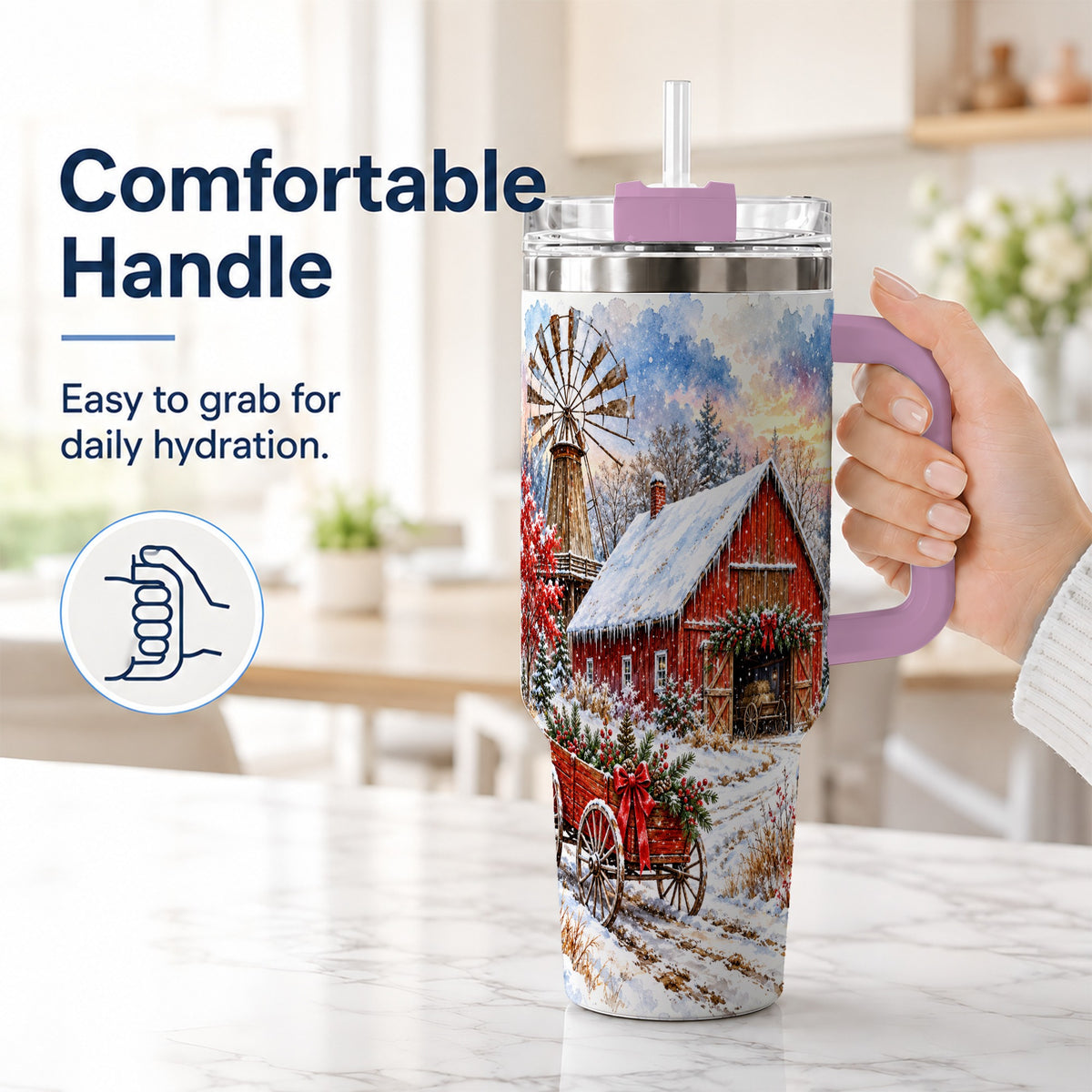 #pl[40oz|Pink] Red Barn 40oz Tumbler with Handle, Winter Farm Stainless Steel Travel Cup