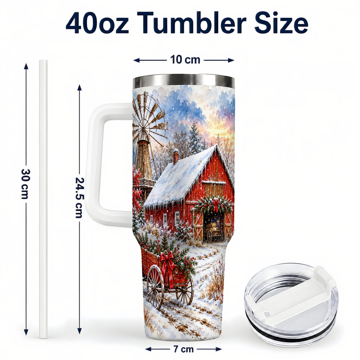 #pl[40oz|White] Red Barn 40oz Tumbler with Handle, Winter Farm Stainless Steel Travel Cup