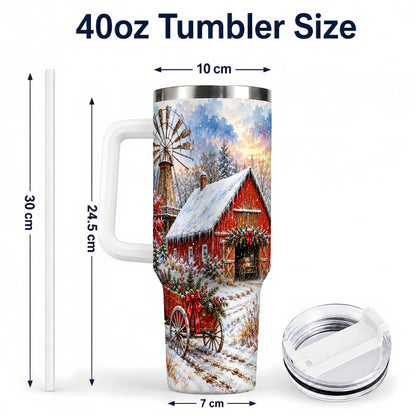#pl[40oz|White] Red Barn 40oz Tumbler with Handle, Winter Farm Stainless Steel Travel Cup