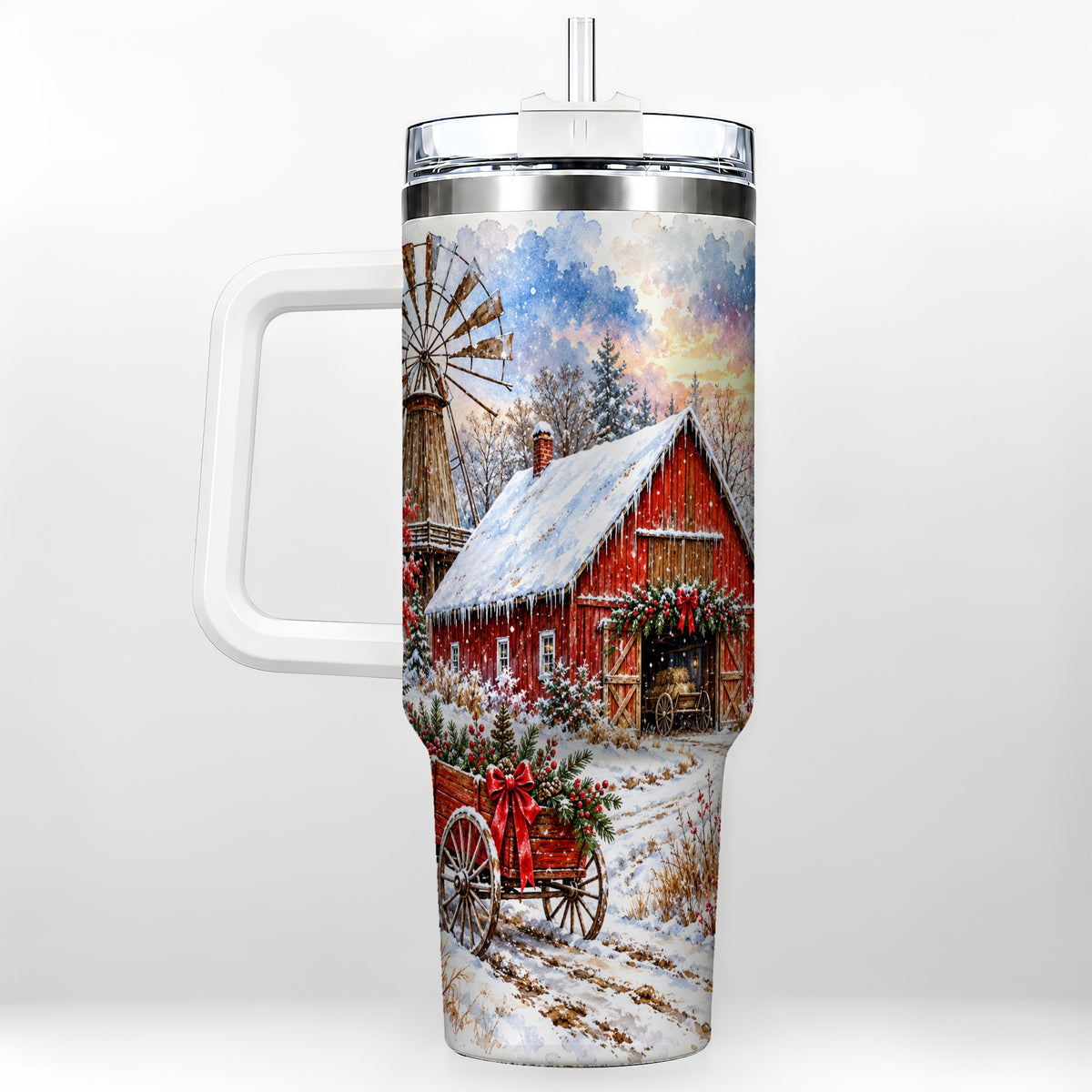 Red Barn 40oz Tumbler with Handle, Winter Farm Stainless Steel Travel Cup
