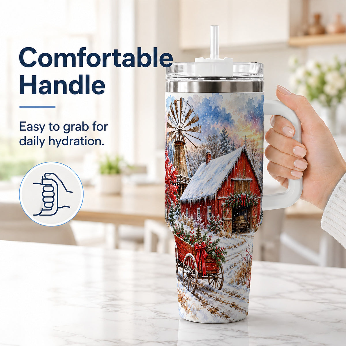 #pl[40oz|White] Red Barn 40oz Tumbler with Handle, Winter Farm Stainless Steel Travel Cup