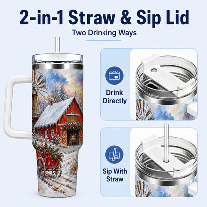 #pl[40oz|White] Red Barn 40oz Tumbler with Handle, Winter Farm Stainless Steel Travel Cup