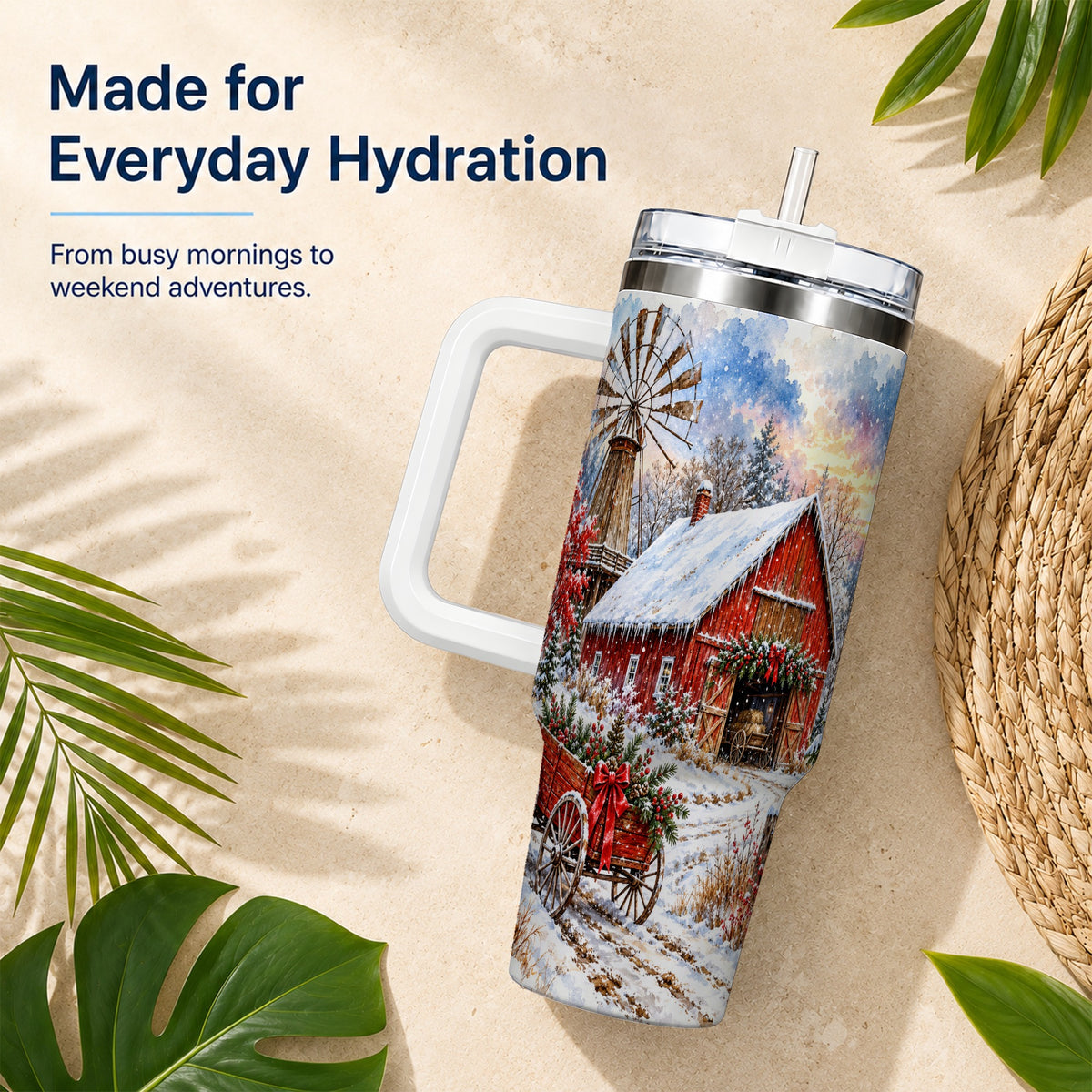 Red Barn 40oz Tumbler with Handle, Winter Farm Stainless Steel Travel Cup