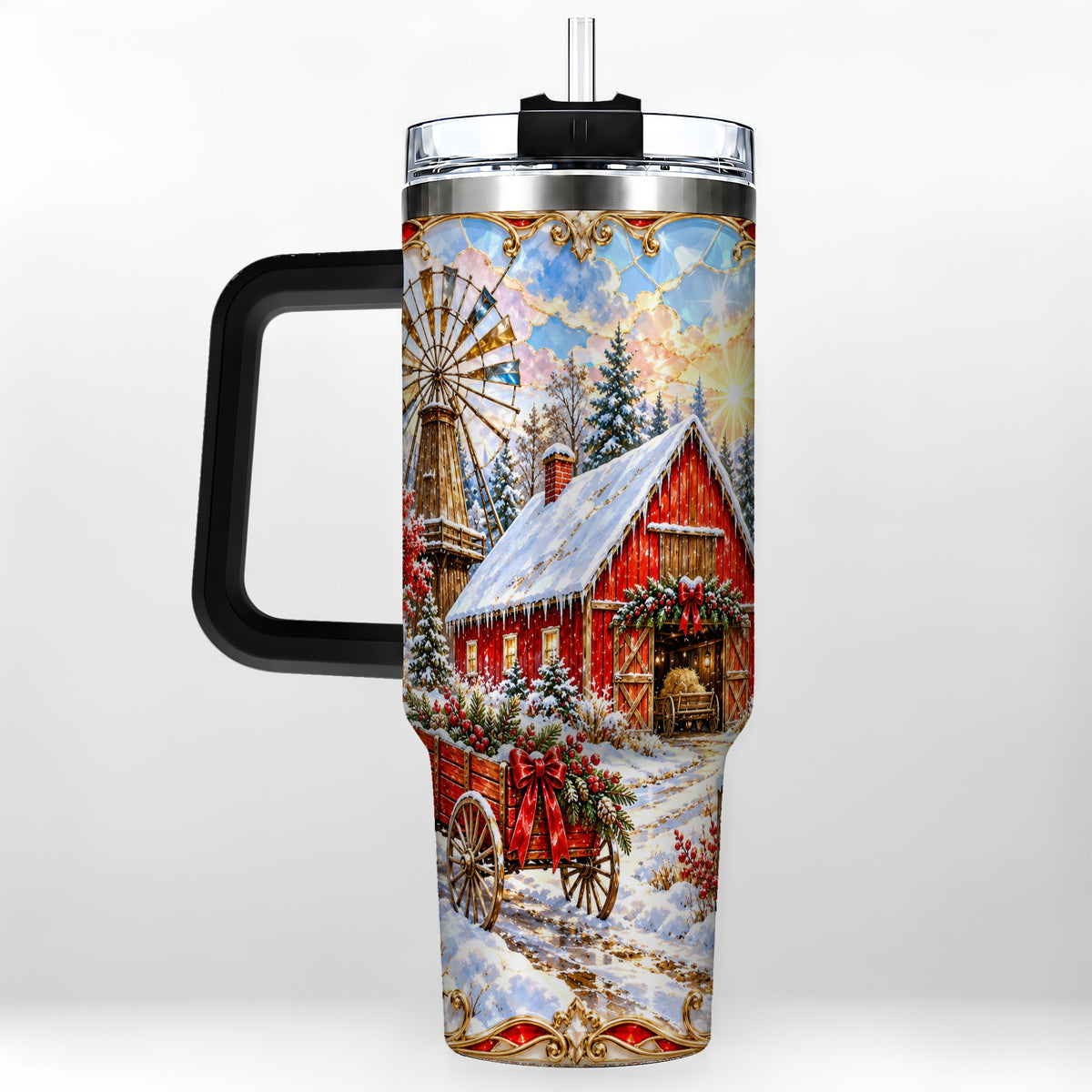 #pl[40oz|Black] Windmill Barn 40oz Tumbler with Handle, Winter Farm Travel Cup