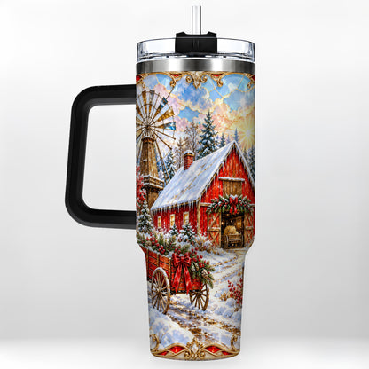 #pl[40oz|Black] Windmill Barn 40oz Tumbler with Handle, Winter Farm Travel Cup