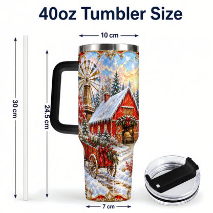 #pl[40oz|Black] Windmill Barn 40oz Tumbler with Handle, Winter Farm Travel Cup
