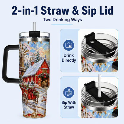 #pl[40oz|Black] Windmill Barn 40oz Tumbler with Handle, Winter Farm Travel Cup