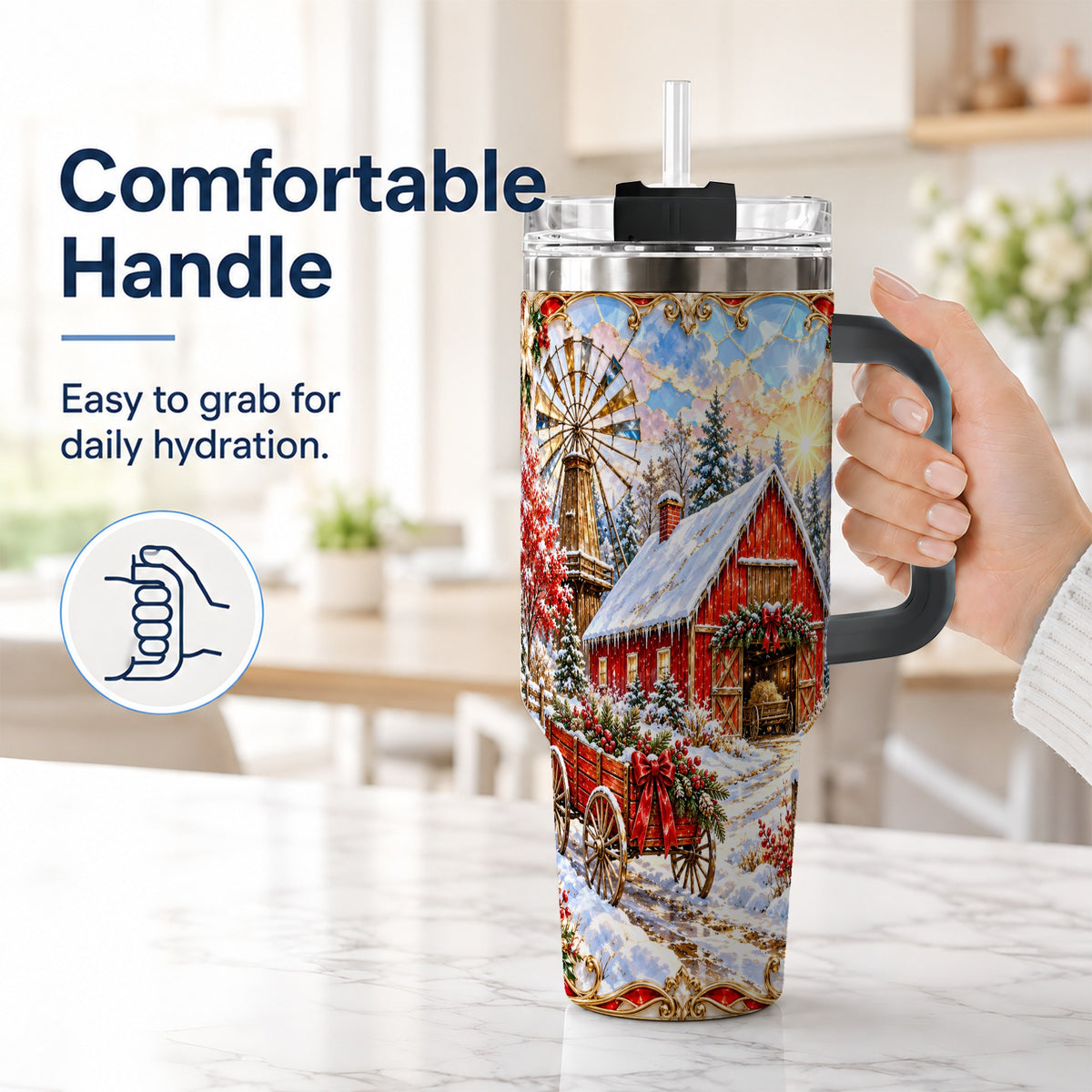 #pl[40oz|Black] Windmill Barn 40oz Tumbler with Handle, Winter Farm Travel Cup