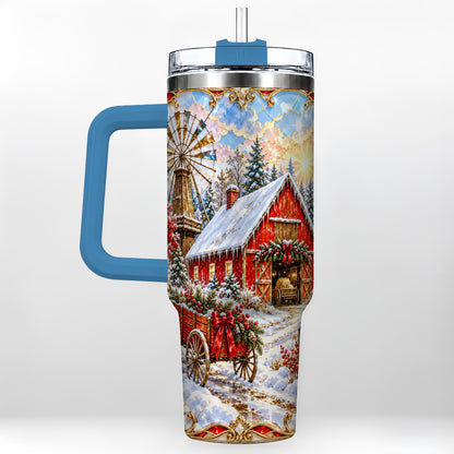 #pl[40oz|Blue] Windmill Barn 40oz Tumbler with Handle, Winter Farm Travel Cup