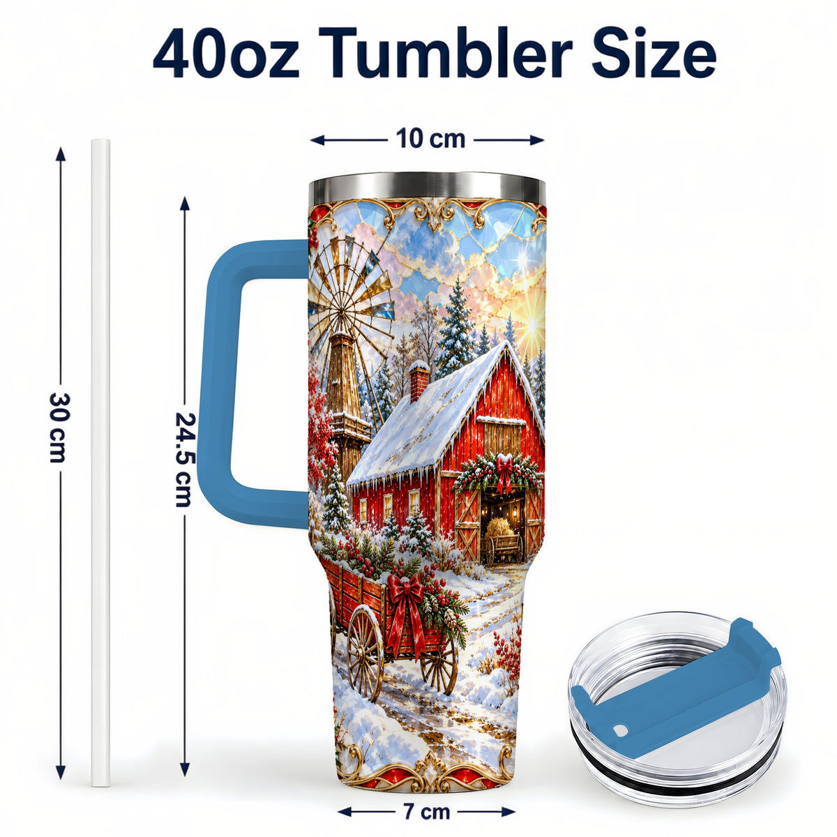 #pl[40oz|Blue] Windmill Barn 40oz Tumbler with Handle, Winter Farm Travel Cup