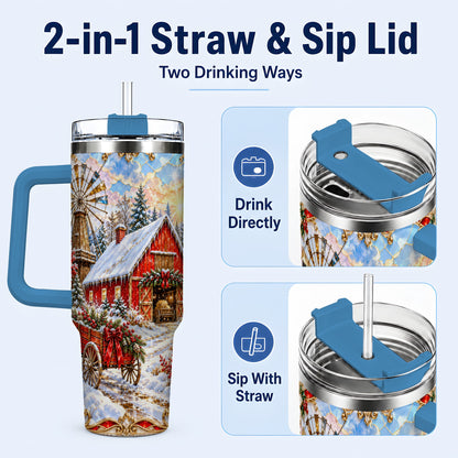 #pl[40oz|Blue] Windmill Barn 40oz Tumbler with Handle, Winter Farm Travel Cup