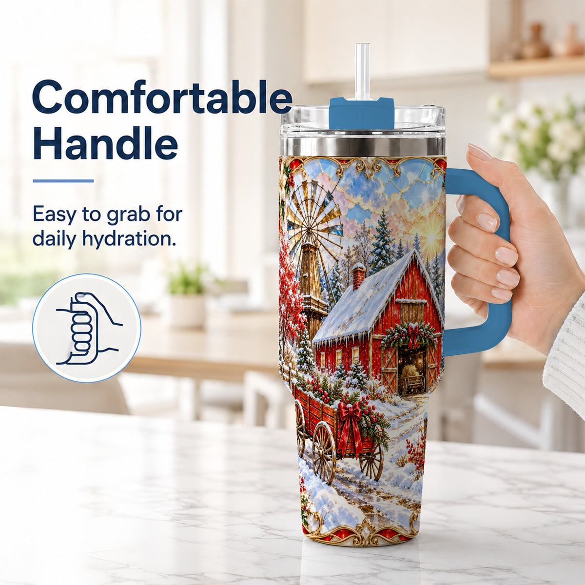 #pl[40oz|Blue] Windmill Barn 40oz Tumbler with Handle, Winter Farm Travel Cup